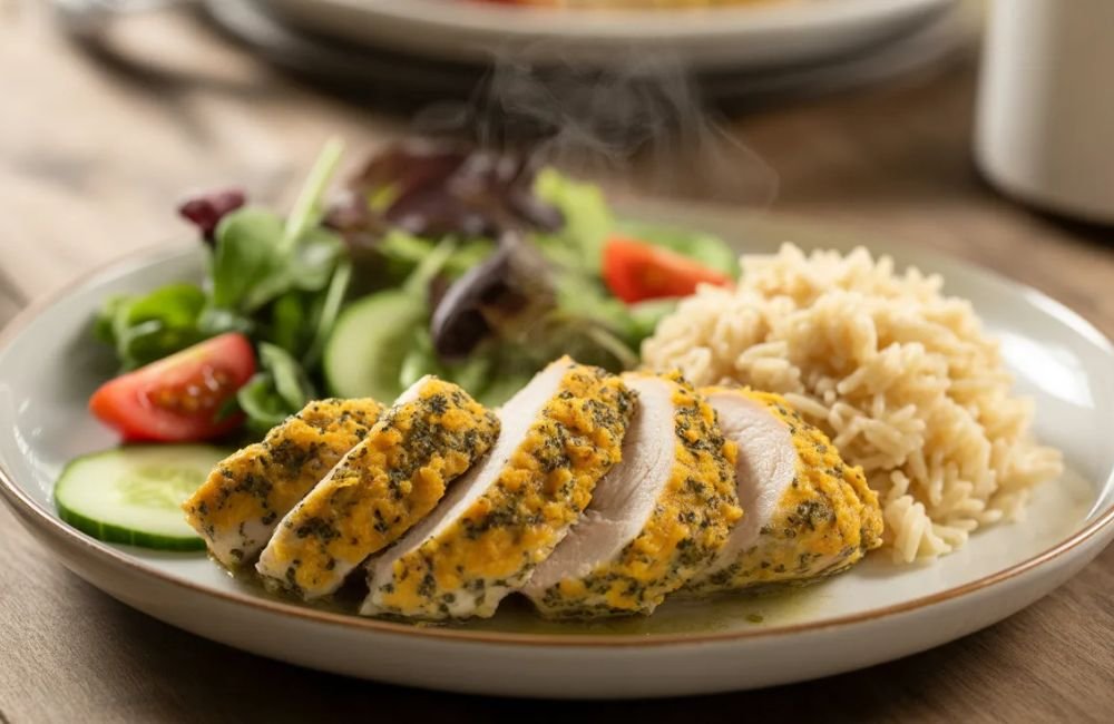 Served poppy seed chicken casserole with rice and fresh salad on plate