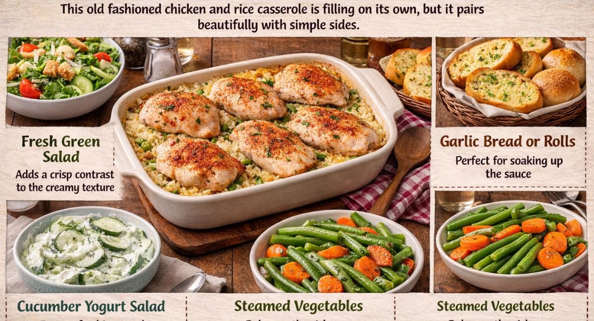Comfort food chicken and rice casserole served with salad and bread on dinner table