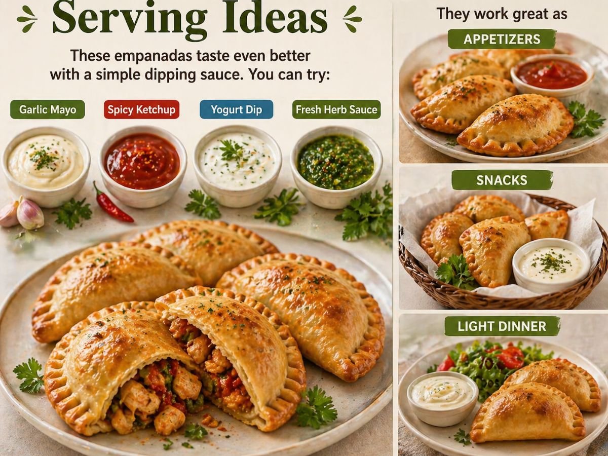 Empanadas served with dipping sauces and meal ideas infographic.