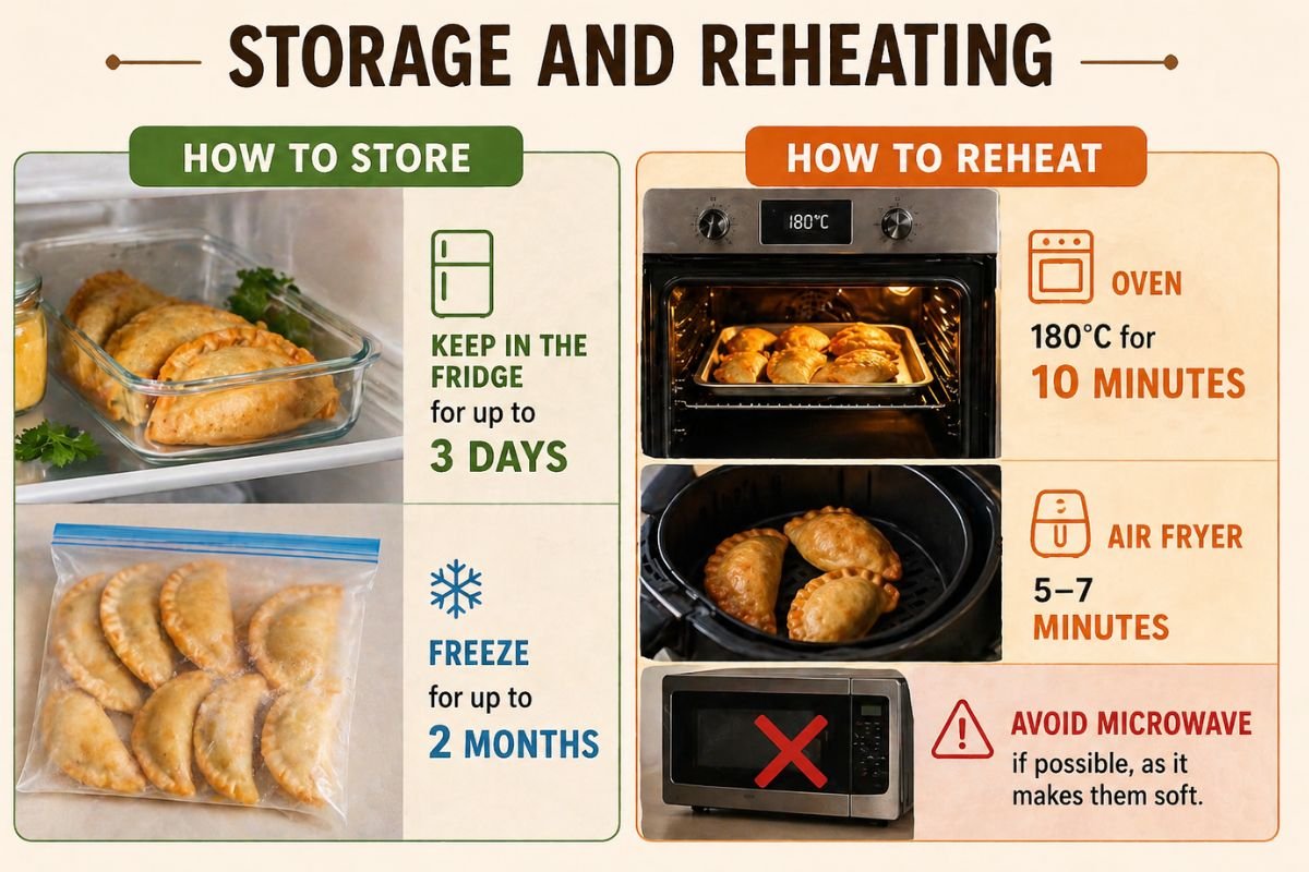 Empanada storage and reheating guide infographic.