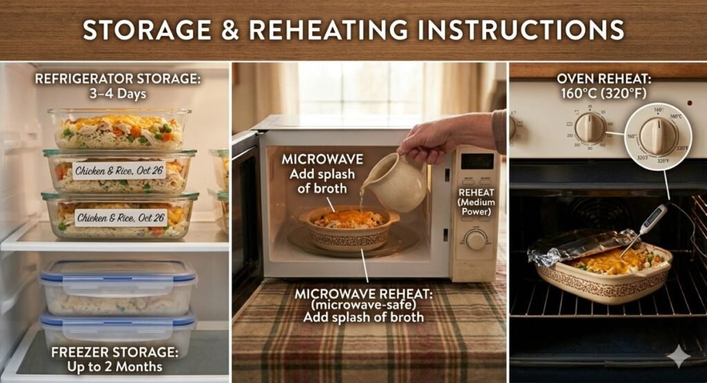 Leftover creamy chicken and rice casserole stored in airtight container in refrigerator