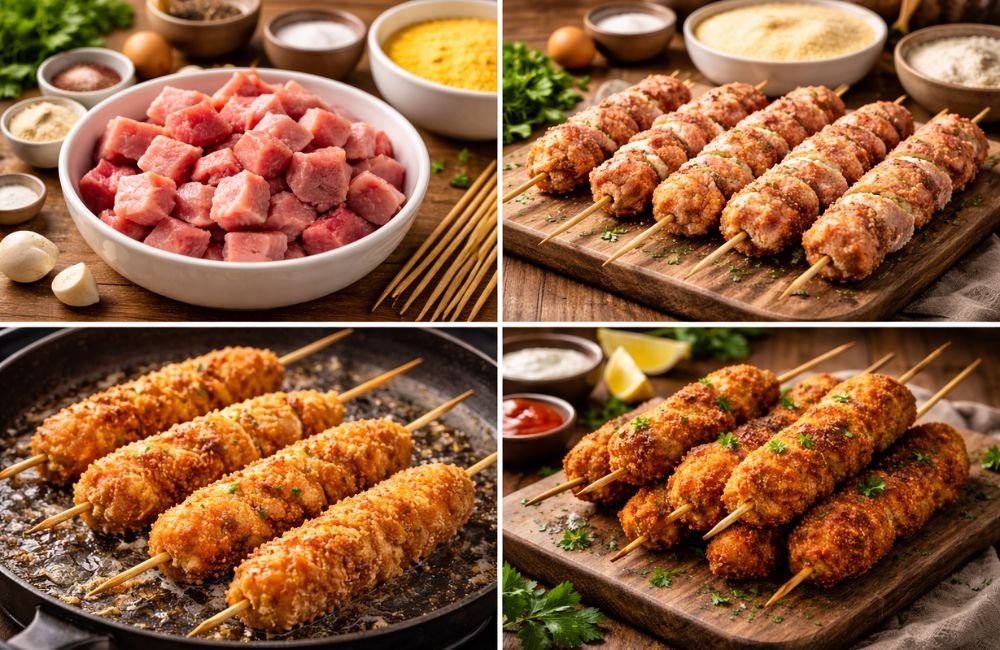 City Chicken skewers from raw pork to crispy golden finish