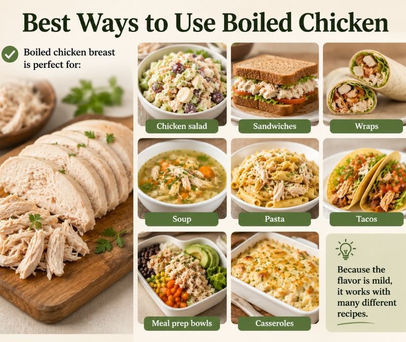 Infographic showing boiled chicken breast used in chicken salad, sandwiches, wraps, soup, pasta, tacos, meal prep bowls, and casseroles.