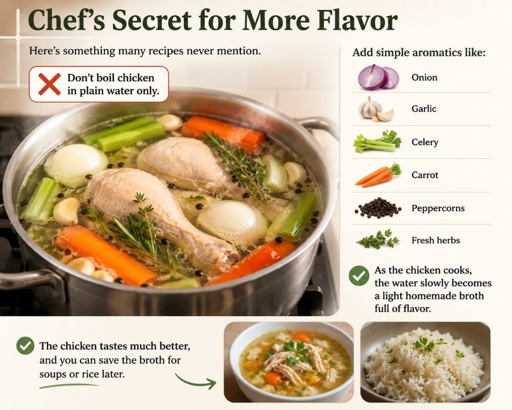 Chicken simmering in a pot with onion, garlic, celery, carrots, peppercorns, and fresh herbs to create flavorful homemade broth.
