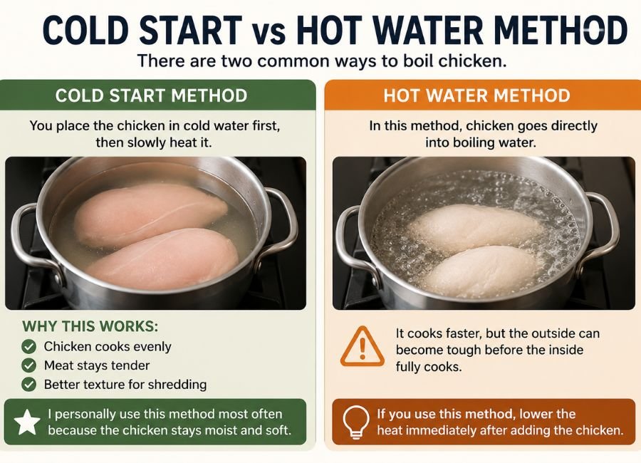 Simple comparison infographic showing the cold start and hot water methods for boiling chicken breasts, explaining cooking texture, tenderness, and heating differences in two side-by-side pots.
