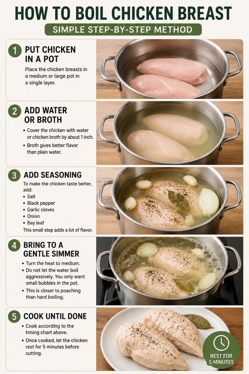 Step-by-step infographic showing how to boil chicken breast in a pot with water or broth, adding seasoning, simmering gently, and cooking until fully done.