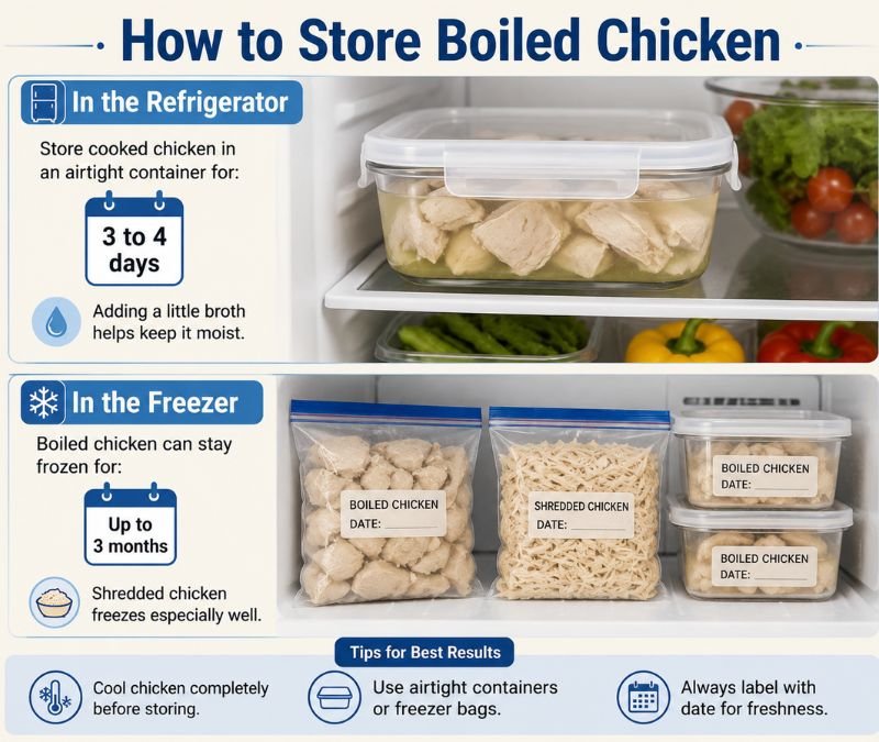 Infographic showing boiled chicken stored in airtight containers in the refrigerator and freezer, with storage times of 3–4 days in the fridge and up to 3 months frozen.
