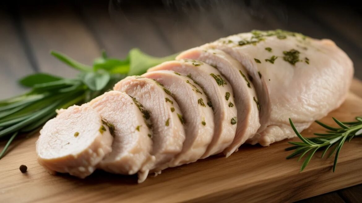 Juicy boiled chicken breast cooked perfectly