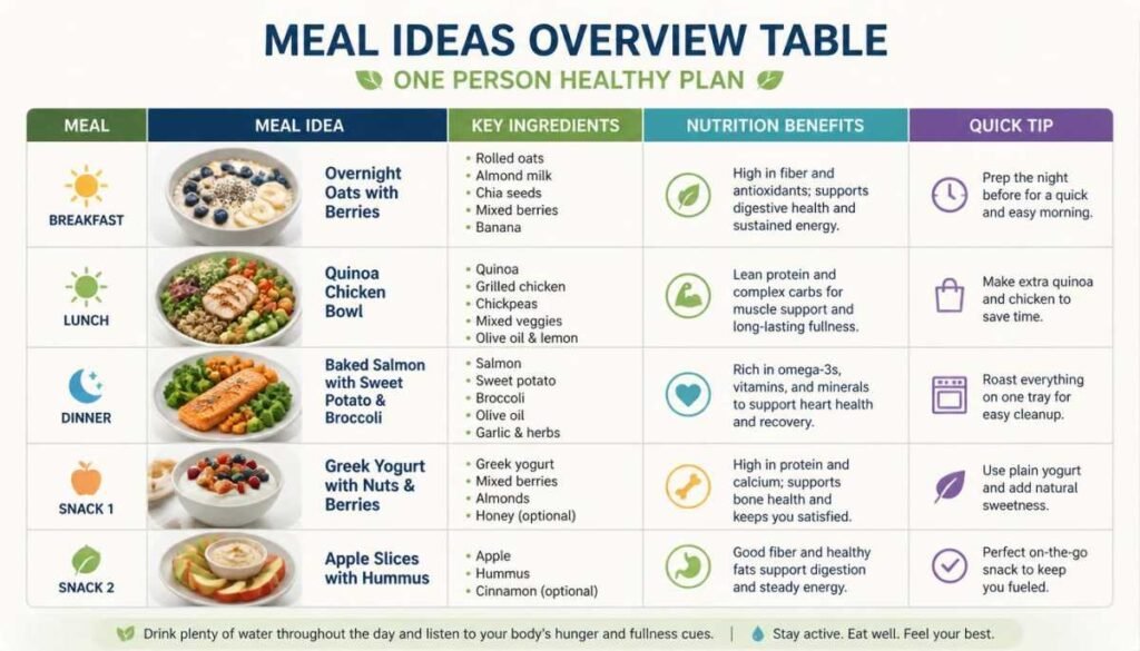 Meal Ideas Overview Table (One Person Healthy Plan)