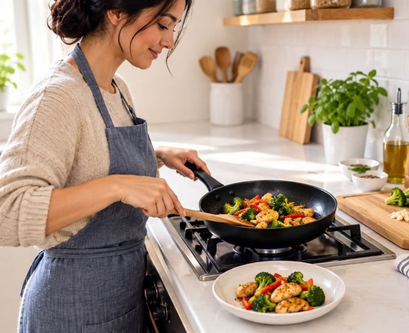 Person cooking an easy meal for one in a skillet