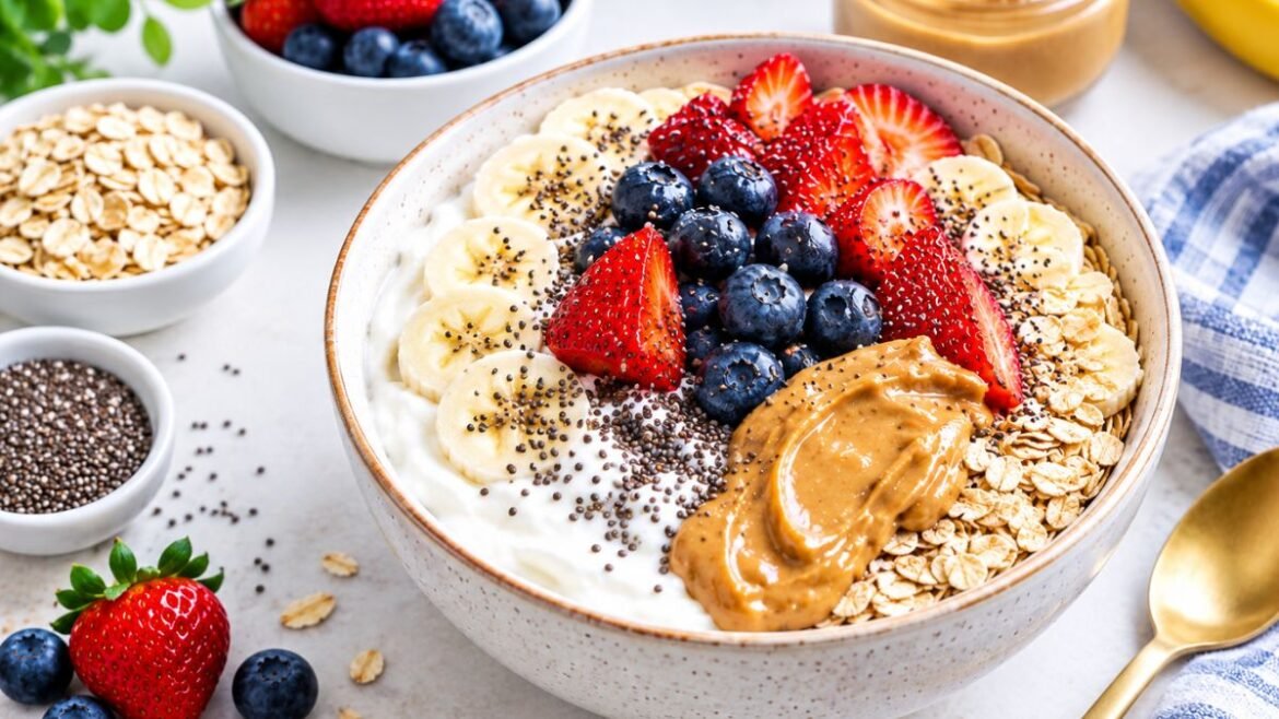 one person breakfast bowl with yogurt oats berries and banana