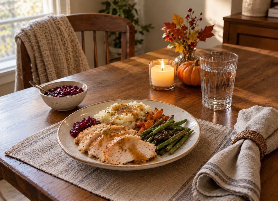 A cozy Thanksgiving table set for one with a candle and a homemade holiday meal