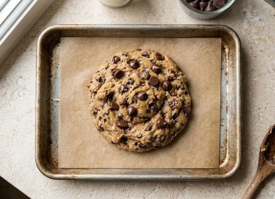 cookie dough pressed flat on a parchment lined baking tray