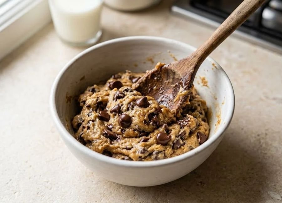 thick cookie dough with chocolate chips in a small bowl