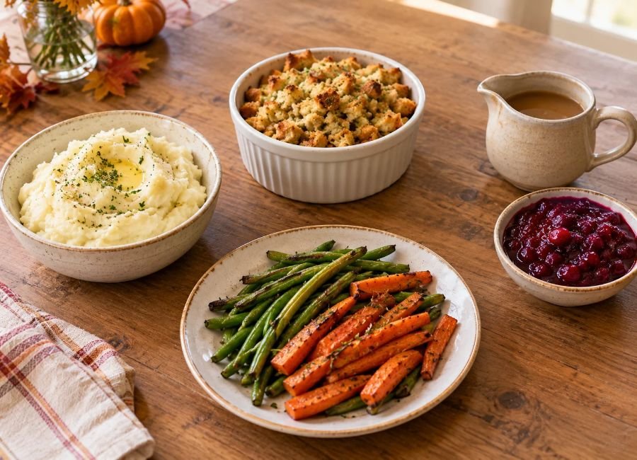 Thanksgiving side dishes for one including mashed potatoes, bread stuffing, green beans, cranberry sauce, and gravy
