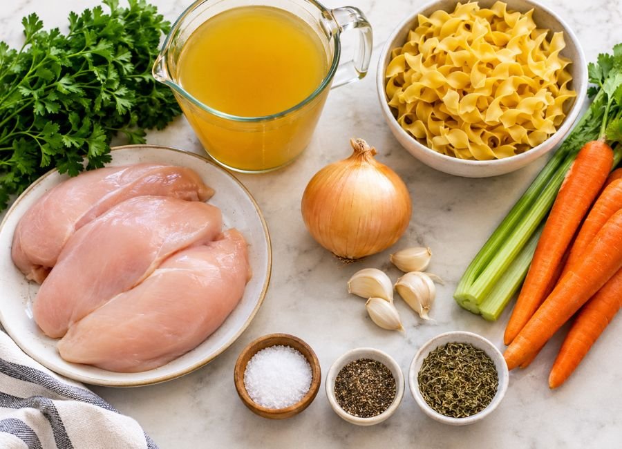 Ingredients for homemade chicken noodle soup, including chicken, egg noodles, carrots, celery, and herbs