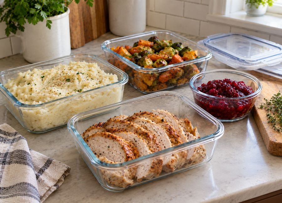 Thanksgiving leftovers stored in containers with sliced turkey, mashed potatoes, and roasted vegetables