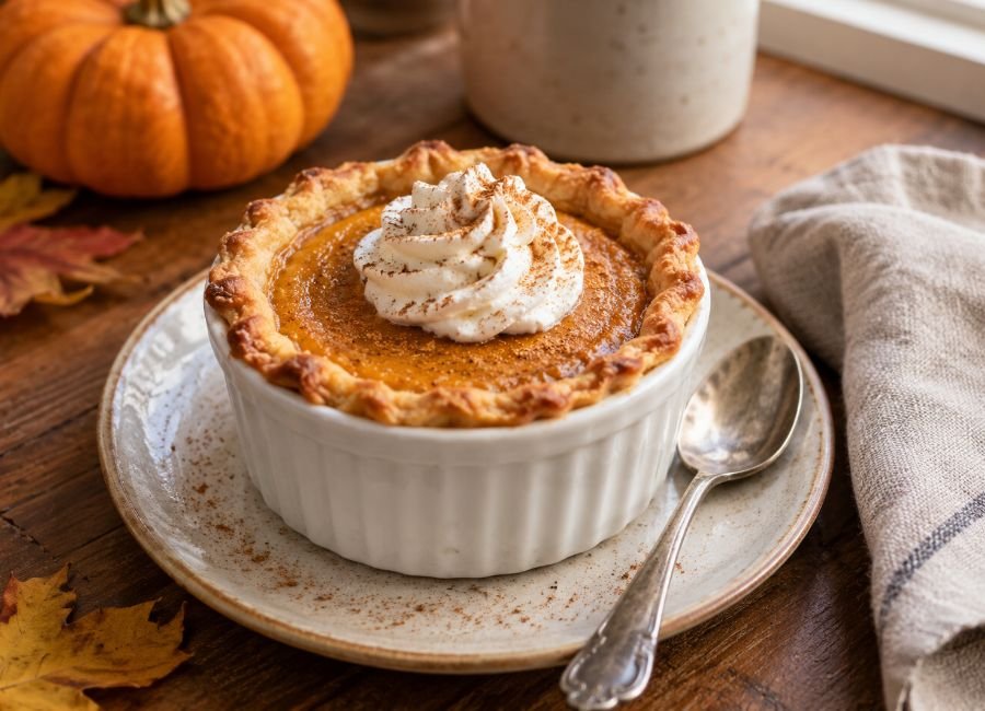 Single-serving pumpkin pie with a golden crust and a little whipped cream