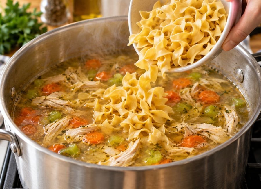Egg noodles being added to chicken broth with shredded chicken and vegetables