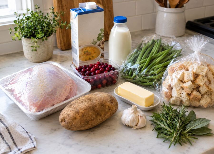 Thanksgiving groceries for one including a small turkey breast, potatoes, green beans, bread, cranberries, and herbs