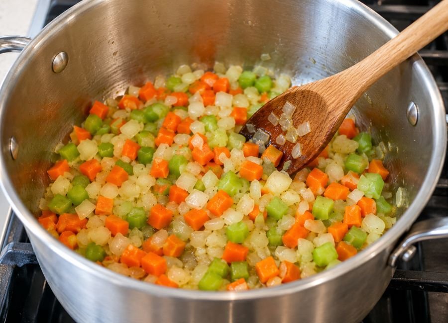 Carrots, celery, and onions sautéing in a pot for chicken noodle soup