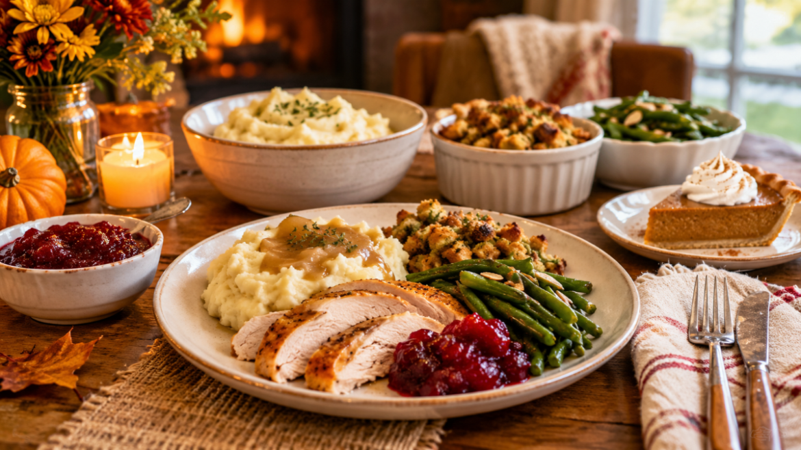 Cozy Thanksgiving dinner for one with roasted turkey, mashed potatoes, stuffing, and green beans