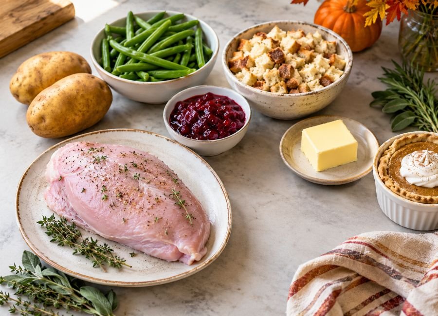 Small Thanksgiving menu for one with turkey breast, potatoes, green beans, stuffing, and cranberry sauce